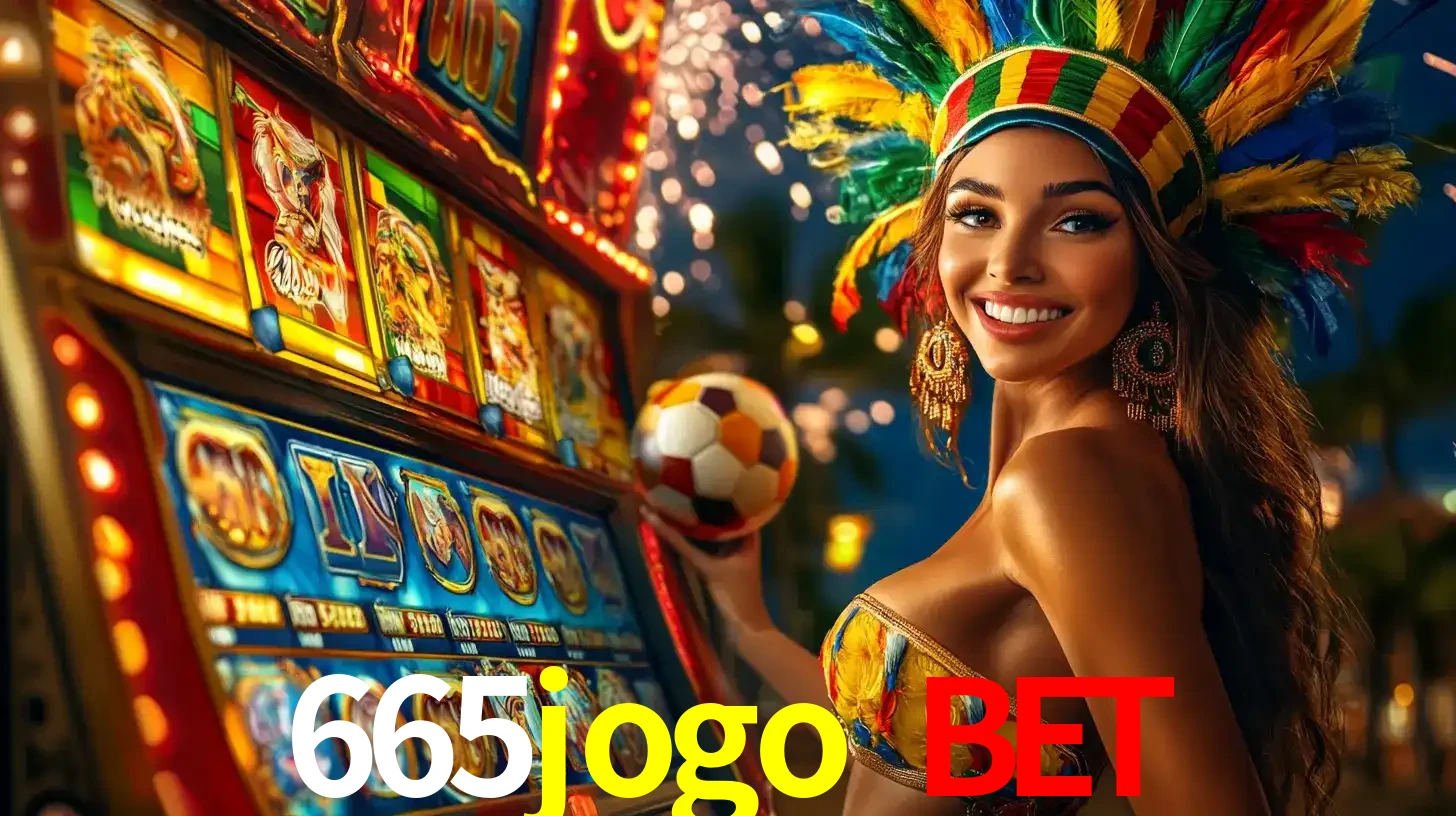 Mulher com um cocar de carnaval ao lado de uma máquina de caça-níqueis enquanto segura uma bola de futebol, mostrando a união da diversão de cassino e esportes no 665jogo bet.