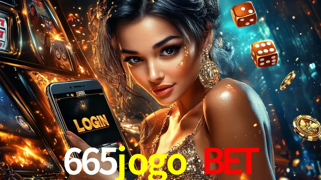 Mulher glamourosa segurando um celular com a tela de login do cassino 665jogo bet, rodeada por dados e moedas douradas, pronta para começar a diversão.