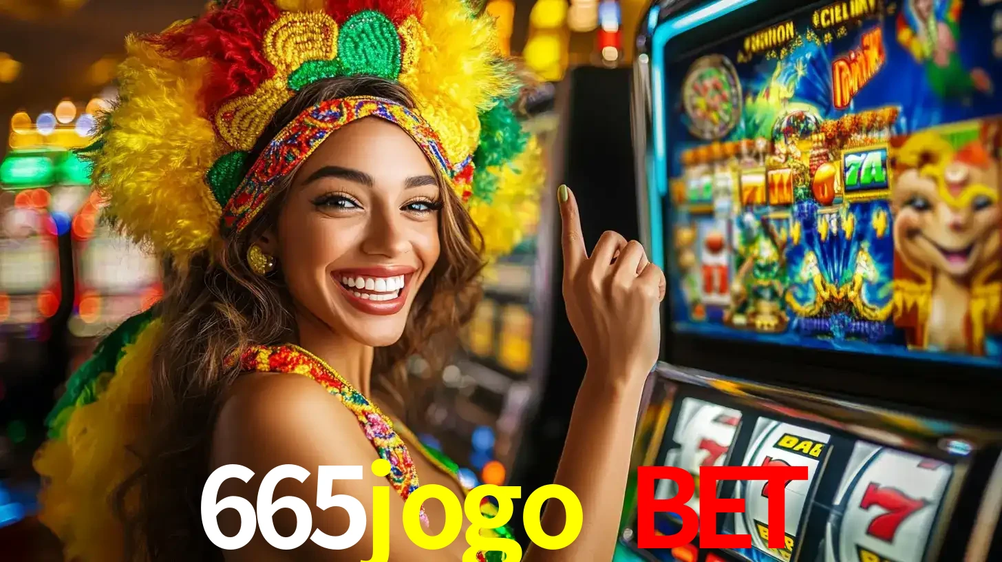 Mulher animada com um cocar de carnaval apontando para uma máquina de caça-níqueis, mostrando a emoção de ganhar um grande prêmio nos jogos do 665jogo bet.