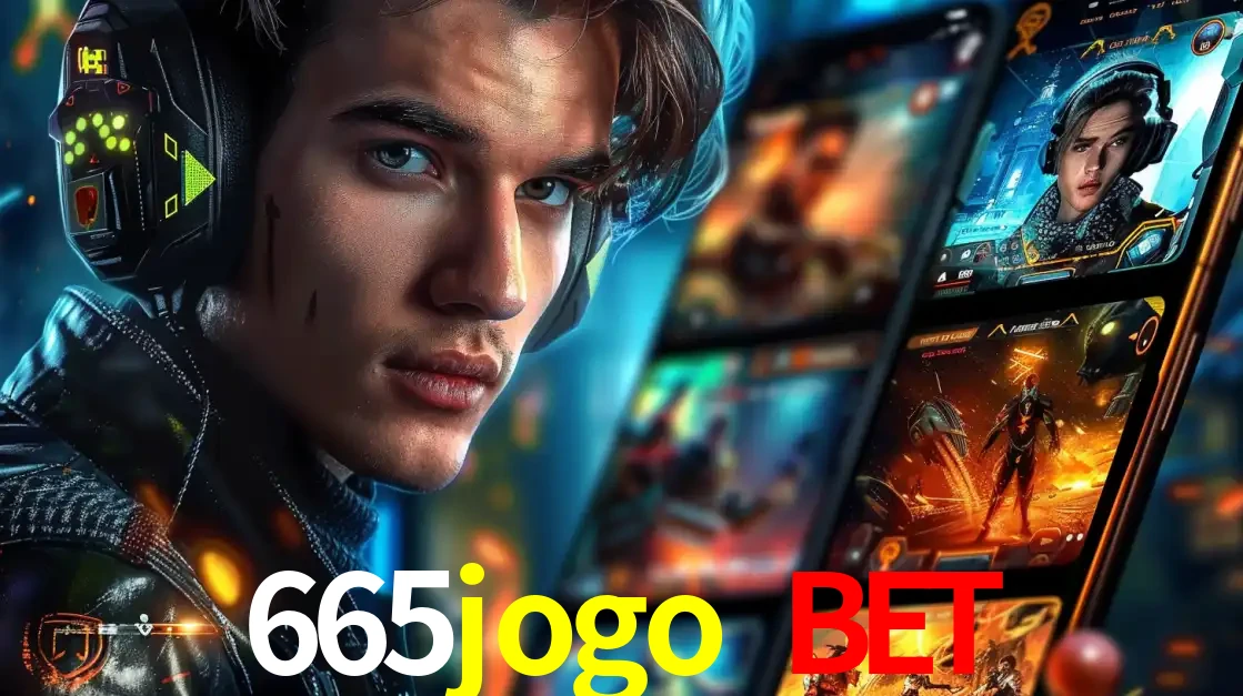 Jovem jogador com fones de ouvido olhando para a câmera, com um aplicativo de jogos e e-sports para celular ao fundo, pronto para a competição e apostas no 665jogo bet.