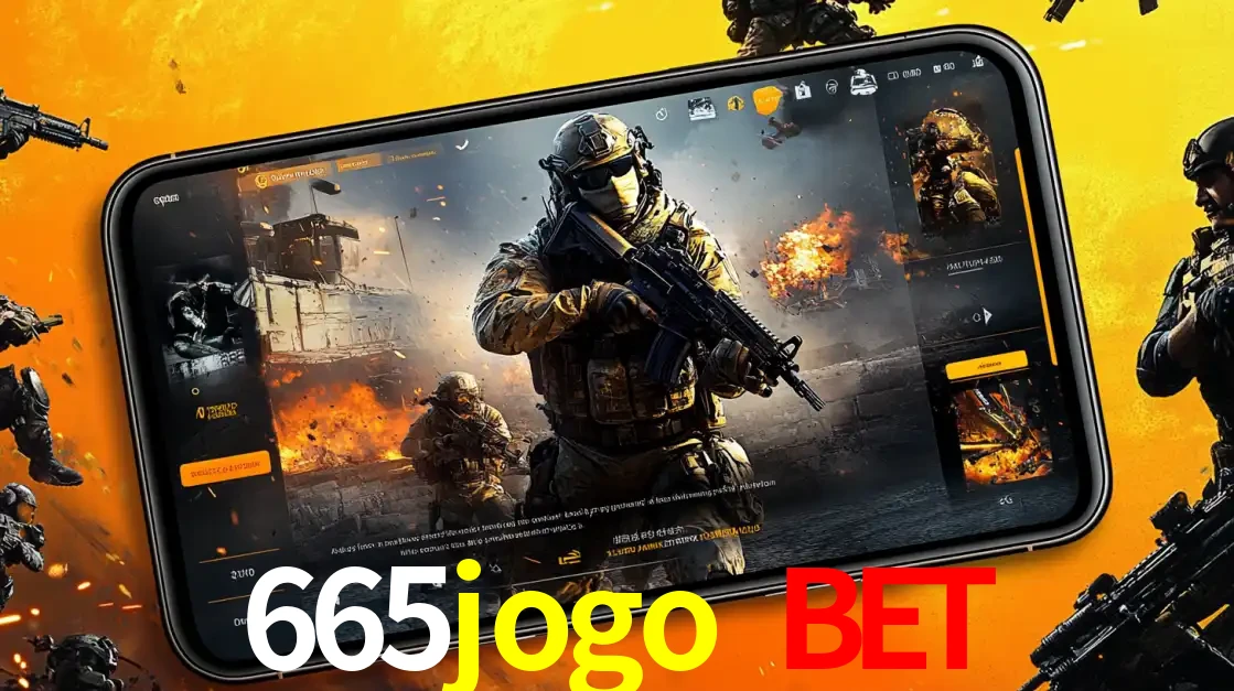 Um smartphone exibindo a interface de um jogo de tiro em primeira pessoa, com um soldado em um cenário de batalha, representando a ação dos e-sports para apostar no 665jogo bet.