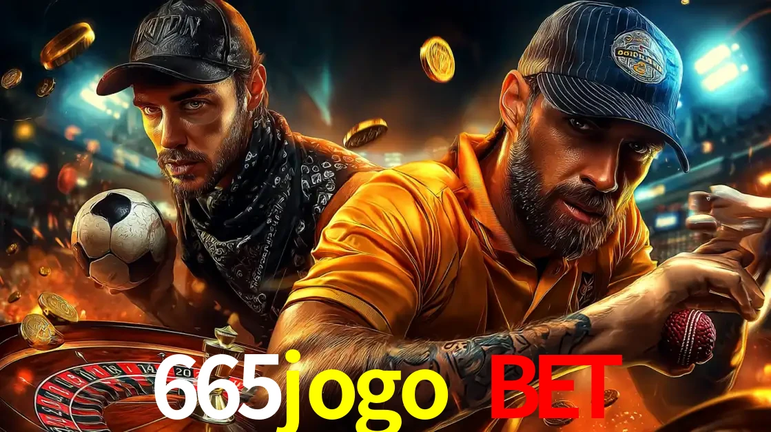 Montagem de apostas esportivas e cassino no 665jogo bet, com um homem segurando uma bola de futebol e outro uma de beisebol sobre uma roleta e moedas voadoras.