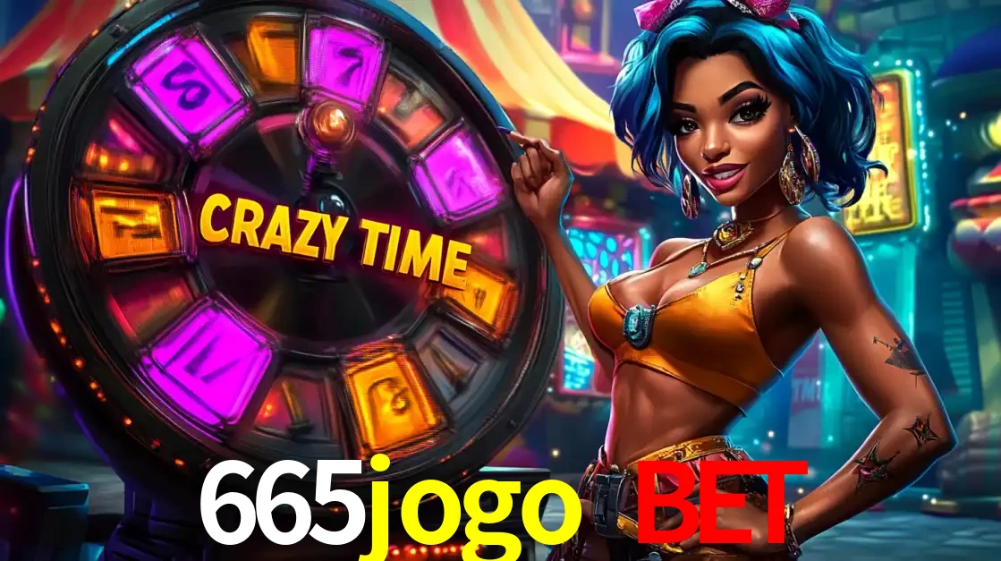 Mulher estilizada com cabelo azul e visual vibrante posando ao lado da roda de prêmios do game show Crazy Time, convidando para a diversão e os bônus do cassino 665jogo bet.