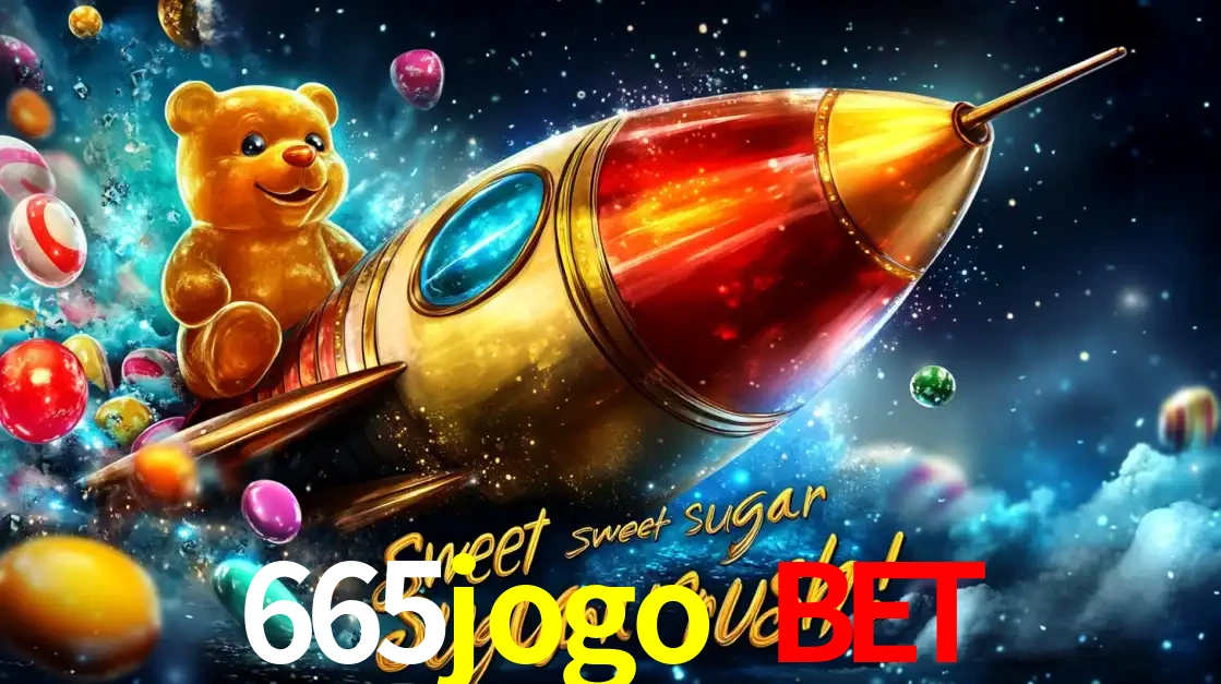 Arte promocional do jogo de slot Sugar Rush, com um urso de pelúcia em um foguete viajando pelo espaço de doces, um dos jogos divertidos disponíveis no cassino 665jogo bet.