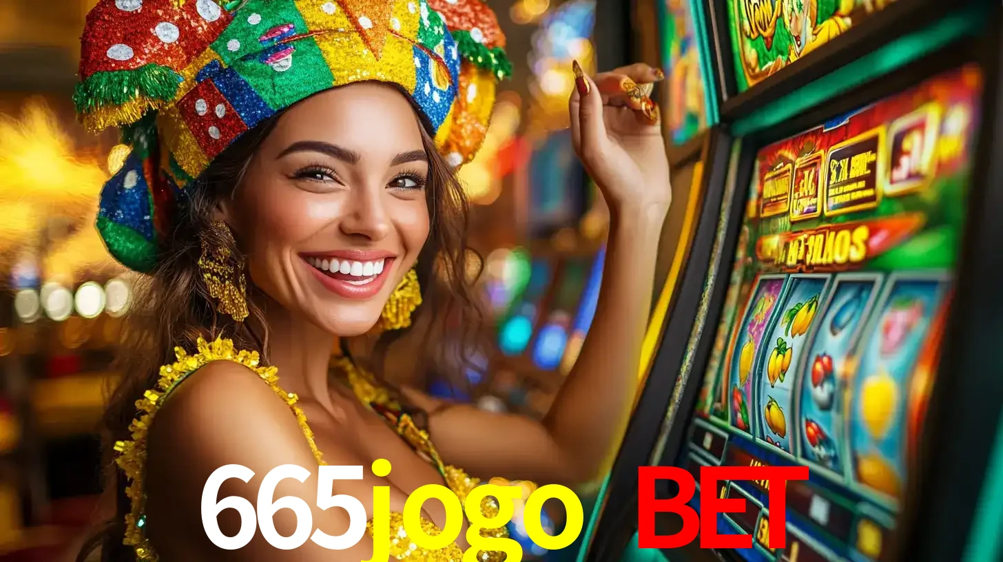Mulher feliz com traje de carnaval amarelo e colorido ao lado de uma máquina de caça-níqueis, aproveitando a diversão e os jogos temáticos do cassino 665jogo bet.