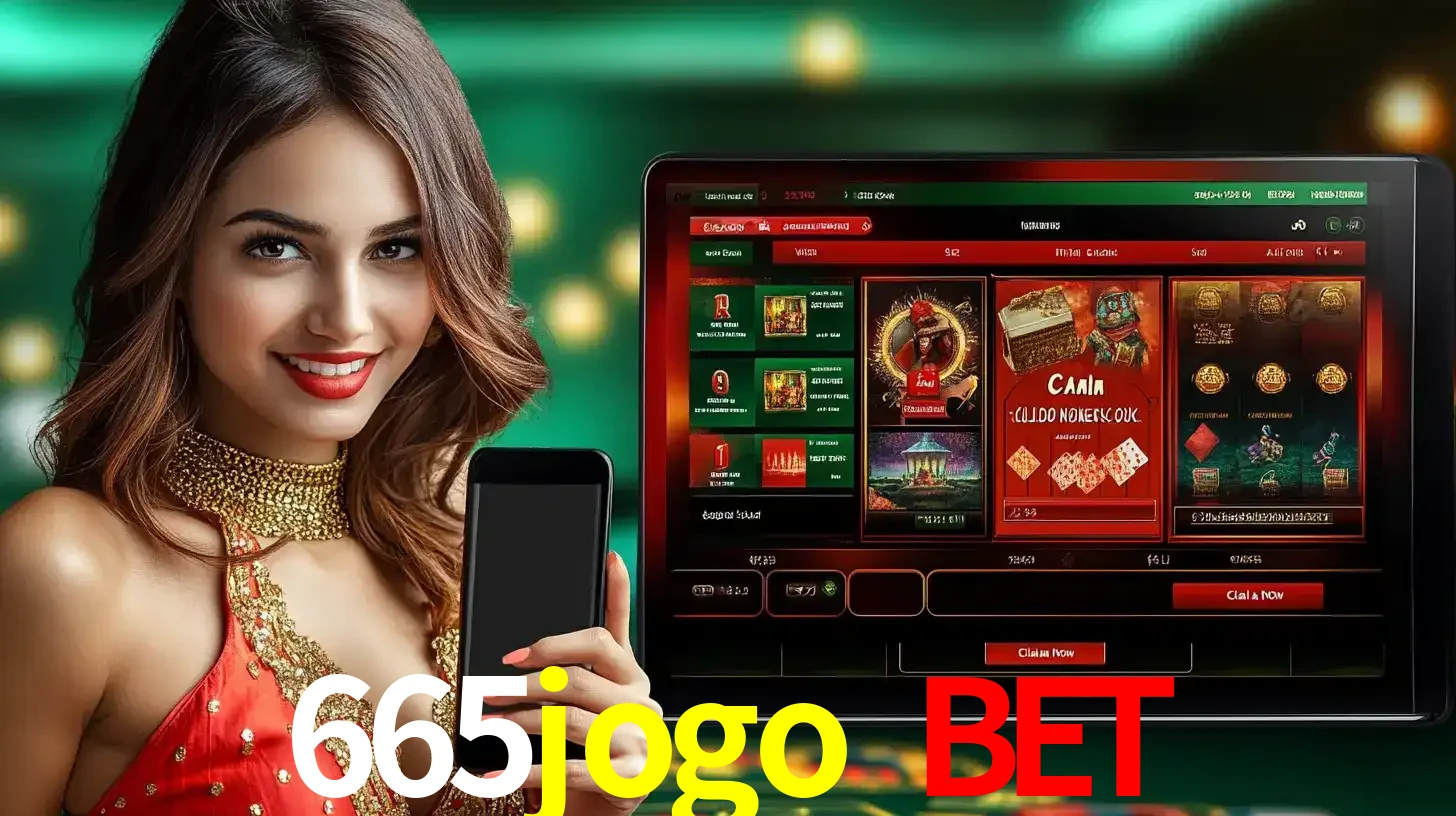 Mulher sorridente segurando um smartphone, ao lado de uma tela exibindo o lobby de jogos do cassino online 665jogo bet, com várias opções de jogos de cartas e slots.